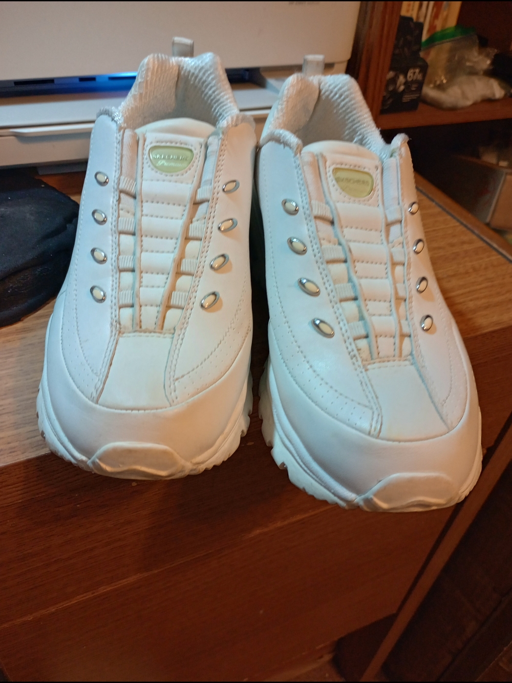 Adults Ladies White Athletic Sneakers - Sketchers Premix  Comfort Slip-On Style
